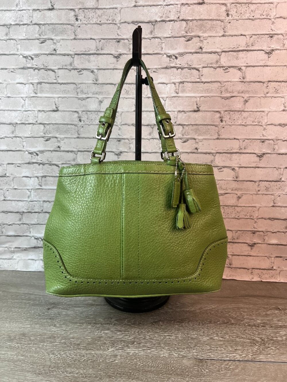 Rare Color Green Vintage Coach Hampton Tassel Satchel 5055 Green Leather Handbag